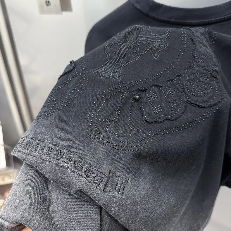 『S-2XL』夏 シンプル ウォッシュ ルーズ パッチ 刺繍 半袖 クロス クルーネック Tシャツ