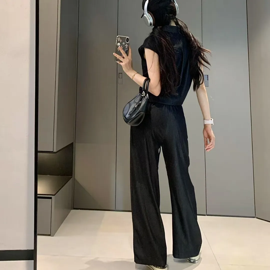 『S-L』ベルト ストラップ ウエストシェイプ スリム ノースリーブシャツ パンツ セットアップ