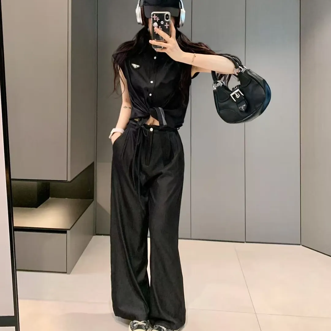 『S-L』ベルト ストラップ ウエストシェイプ スリム ノースリーブシャツ パンツ セットアップ