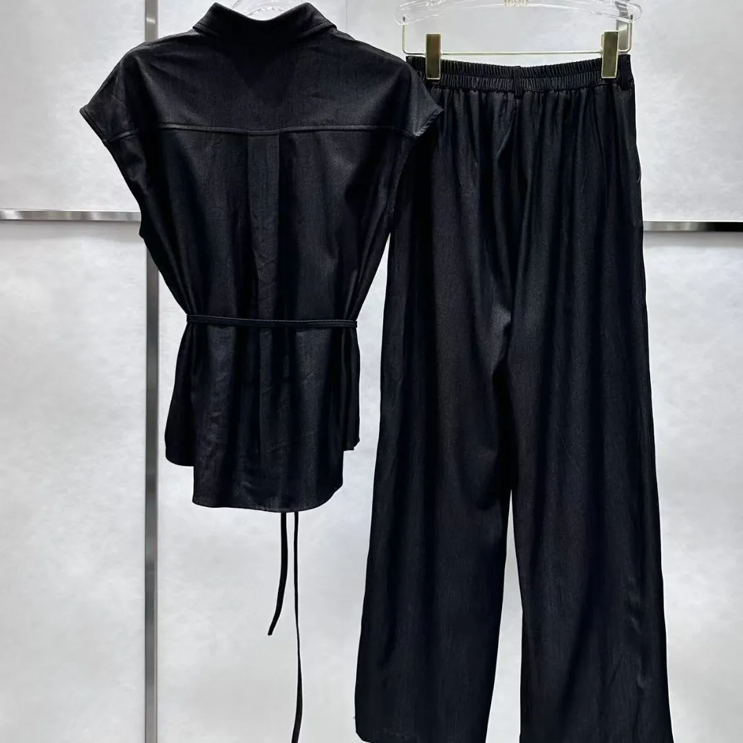 『S-L』ベルト ストラップ ウエストシェイプ スリム ノースリーブシャツ パンツ セットアップ